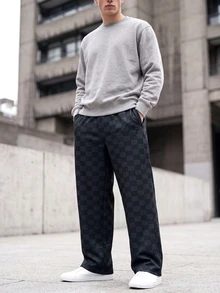 Manfinity Homme Men's Checkerboard Pattern Pocket Elastic Waist Casual Long Pants Festival Boys Fall/Winter Daily House Vacation Essential For Outings Blue Checkered - Black - View 2