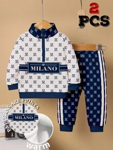 男童 MILANO 字母印花半拉鍊運動衫與慢跑褲套裝，秋冬立領運動服 2 件套穿搭 - 彩色 - 查看 3