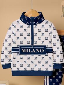 男童 MILANO 字母印花半拉鍊運動衫與慢跑褲套裝，秋冬立領運動服 2 件套穿搭 - 彩色 - 查看 4