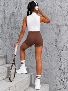 SHEIN 女童運動瑜伽室內健身親膚舒適彈性黑色短褲 - 棕色 - 查看 2