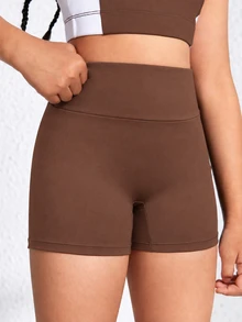 SHEIN 女童運動瑜伽室內健身親膚舒適彈性黑色短褲 - 棕色 - 查看 5