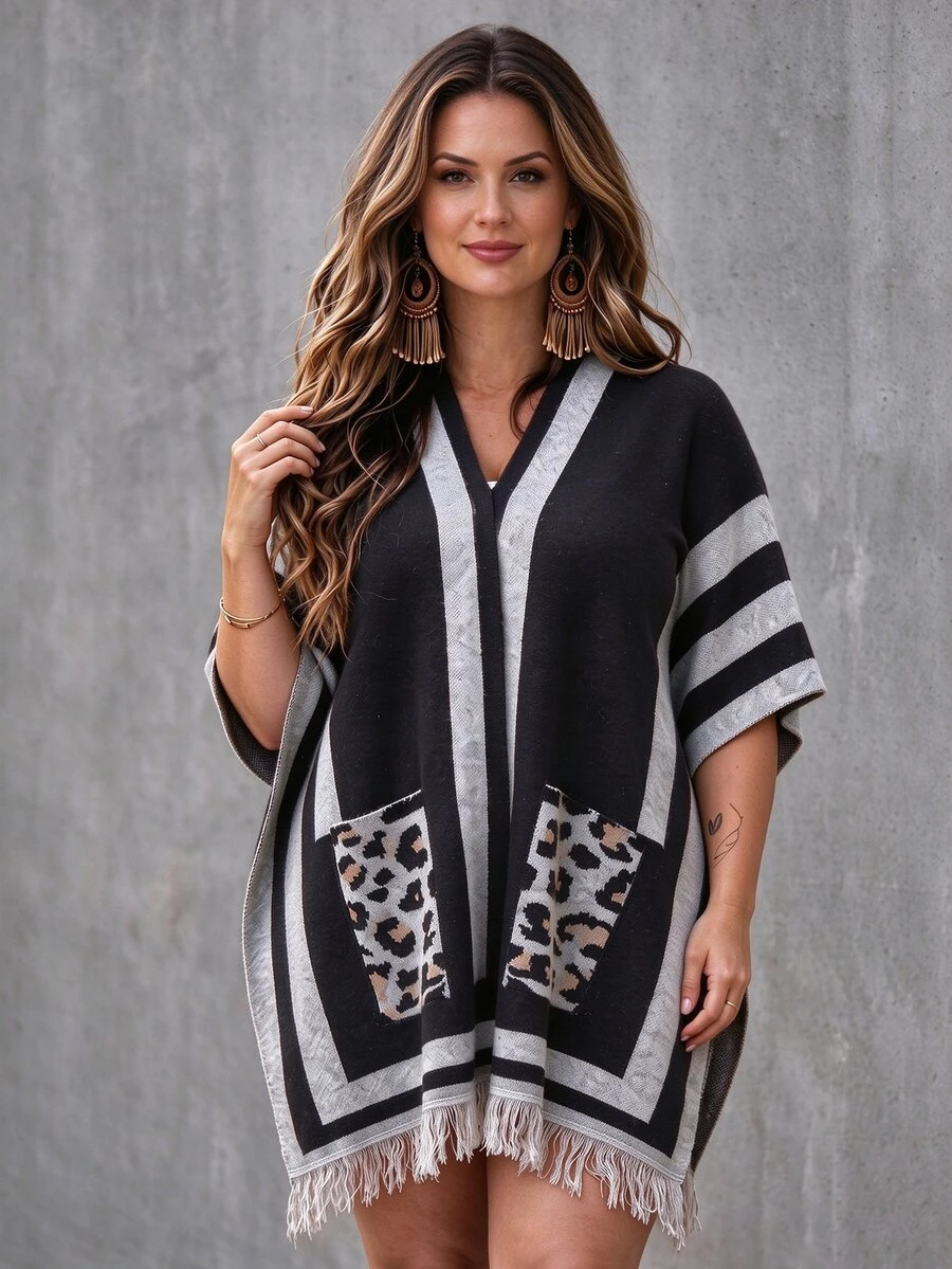 SHEIN LUNE CURVE Plus Size Women's Colorblock Casual Boho Everyday Cardigan Fall Holiday Homewear Black Winter - Multicolor - View 1