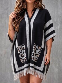 SHEIN LUNE CURVE Plus Size Women's Colorblock Casual Boho Everyday Cardigan Fall Holiday Homewear Black Winter - Multicolor - View 6