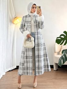 SHEIN 女款格紋休閒成熟優雅日常穿著冬季大衣 辦公室晚餐 黑白秋季 - 黑與白 - 查看 8