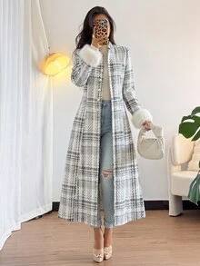 SHEIN 女款格紋休閒成熟優雅日常穿著冬季大衣 辦公室晚餐 黑白秋季 - 黑與白 - 查看 6