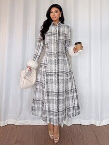 SHEIN 女款格紋休閒成熟優雅日常穿著冬季大衣 辦公室晚餐 黑白秋季 - 黑與白 - 查看 7
