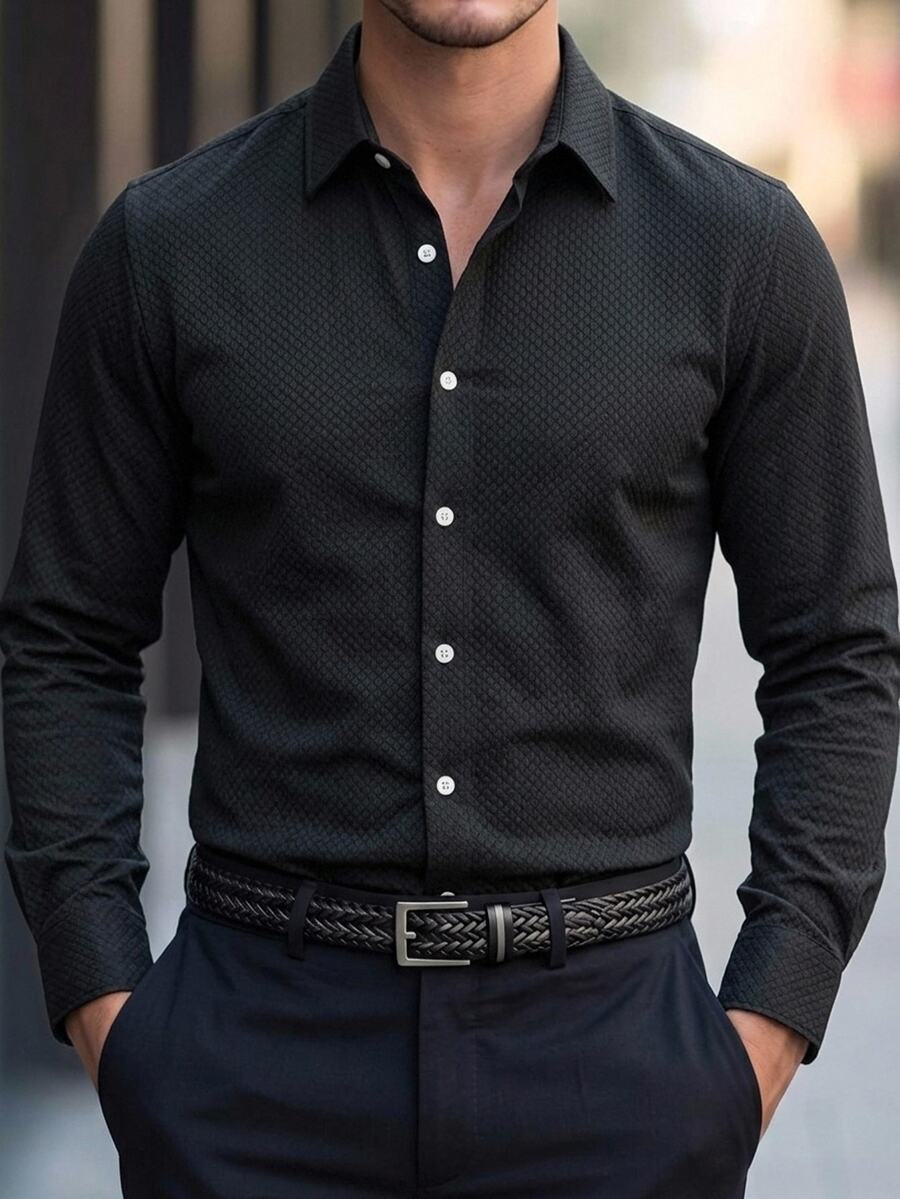 Manfinity Homme 男士單排扣休閒百搭長袖襯衫，適合日常穿著、約會、外出與節慶，秋季/冬季新款黑色 - 黑色 - 查看 1