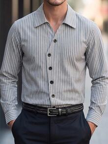 Manfinity Homme 男士休閒不對稱鈕扣條紋長袖 Polo 襯衫 - 灰色 - 查看 1