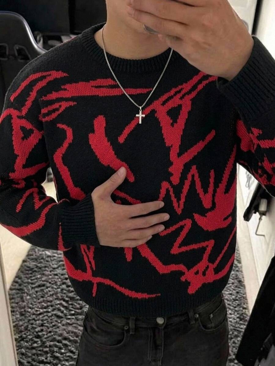 NEOSTRIT Men's Patterned Crew Neck Long Sleeve Casual Versatile Sweater - Black - View 1