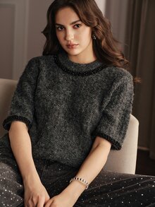Anewsta Women's Round Neck Elegant Modern Casual Knit Short Sleeve Pullover Sweater Top Office Dark Grey Brown Fall/Autumn/Winter - Grey - View 6