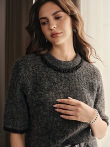 Anewsta Women's Round Neck Elegant Modern Casual Knit Short Sleeve Pullover Sweater Top Office Dark Grey Brown Fall/Autumn/Winter - Grey - View 2
