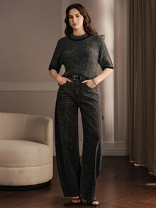 Anewsta Women's Round Neck Elegant Modern Casual Knit Short Sleeve Pullover Sweater Top Office Dark Grey Brown Fall/Autumn/Winter - Grey - View 1