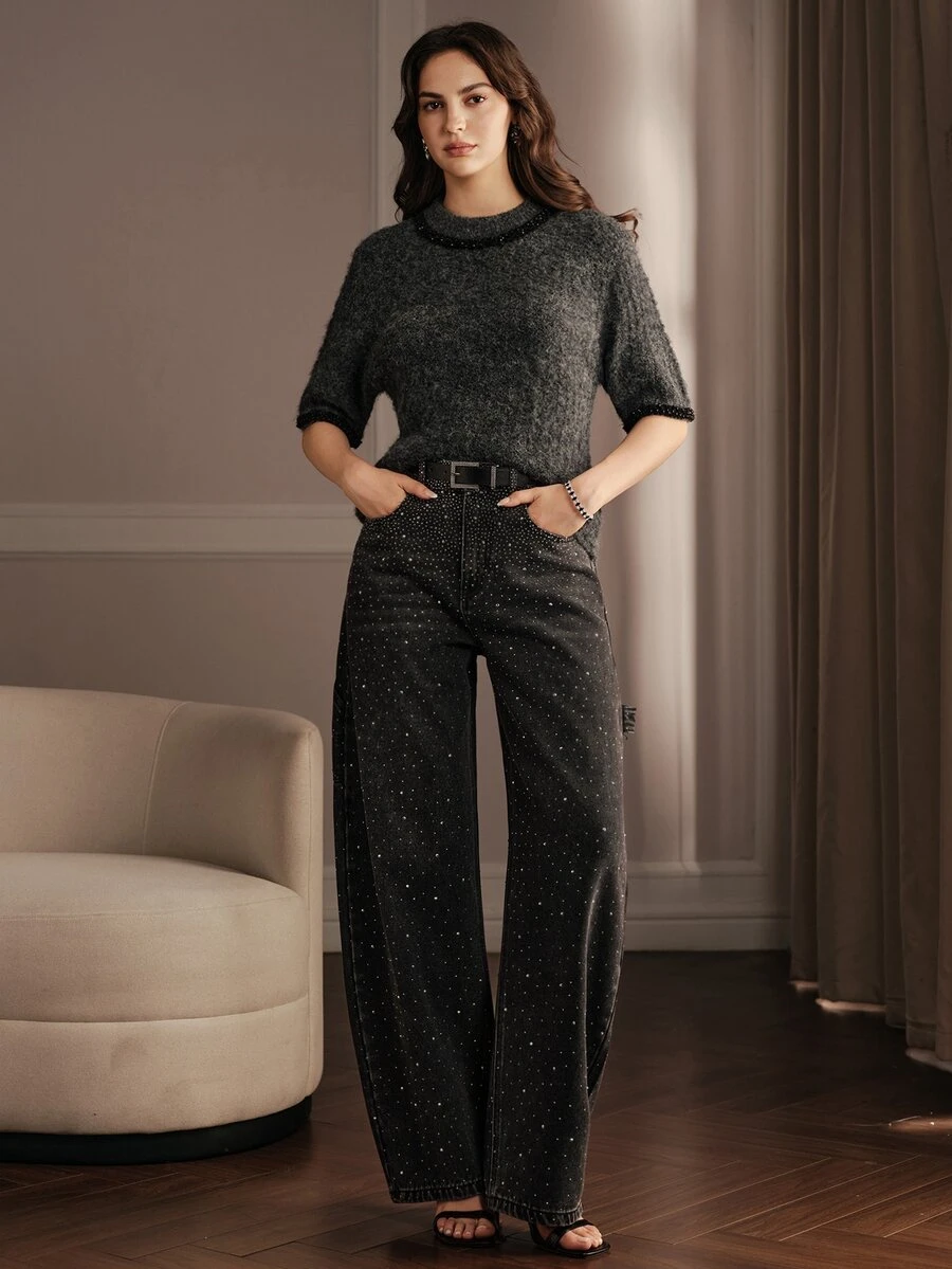 Anewsta Women's Round Neck Elegant Modern Casual Knit Short Sleeve Pullover Sweater Top Office Dark Grey Brown Fall/Autumn/Winter - Grey - View 1