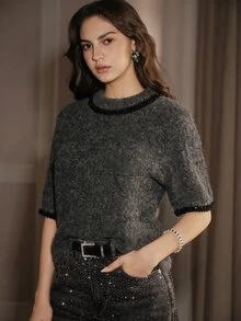 Anewsta Women's Round Neck Elegant Modern Casual Knit Short Sleeve Pullover Sweater Top Office Dark Grey Brown Fall/Autumn/Winter - Grey - View 7