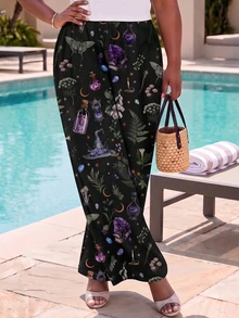 CurvyTilda Plus Size Women's Gothic Gemstone Sun Moon Star Leaf Print Wide Leg Pants Fall - Black - View 3