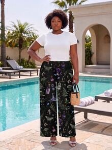 CurvyTilda Plus Size Women's Gothic Gemstone Sun Moon Star Leaf Print Wide Leg Pants Fall - Black - View 1
