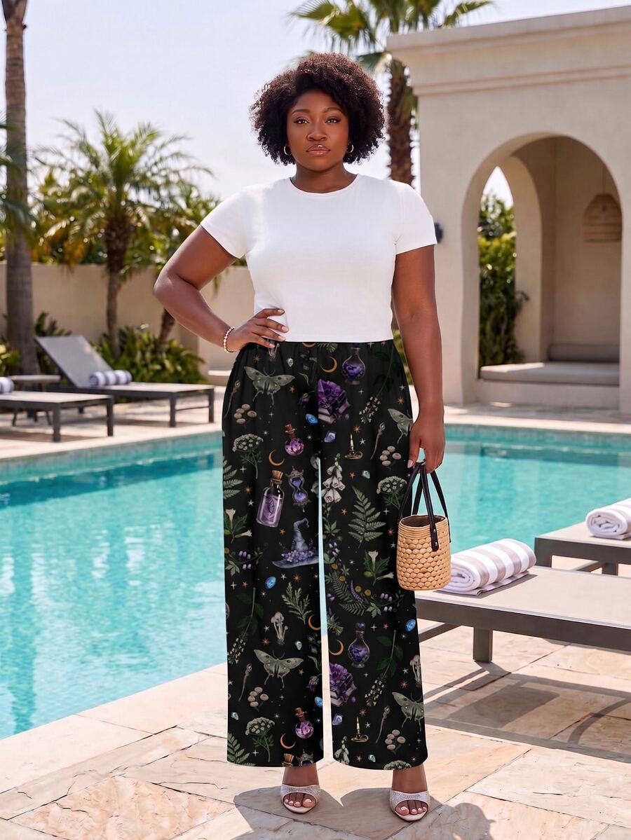 CurvyTilda Plus Size Women's Gothic Gemstone Sun Moon Star Leaf Print Wide Leg Pants Fall - Black - View 1