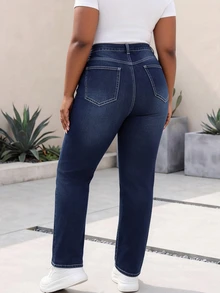 CurvyTilda Plus Size Women Loose Straight Leg Jeans With Pockets, Casual & Versatile - Dark Wash - View 3