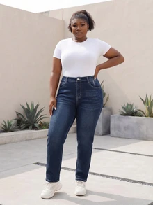 CurvyTilda Plus Size Women Loose Straight Leg Jeans With Pockets, Casual & Versatile - Dark Wash - View 5