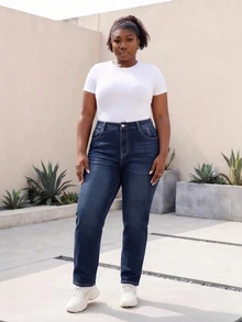 CurvyTilda Plus Size Women Loose Straight Leg Jeans With Pockets, Casual & Versatile - Dark Wash - View 2