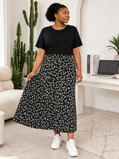 CurvyTilda 大尺碼女款秋季波希米亞風可愛日系法式商務休閒兩件套，黑色短袖上衣搭配黑白花卉背心長洋裝