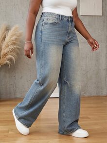 CurvyTilda Plus Size Women Pockets Button Casual Versatile Commuter Wide Leg Jeans Y2k Baggy Jeans, For Hourglass Body Shape - Blue - View 2