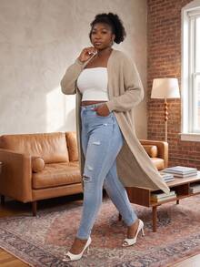 CurvyTilda Plus Size Drop Shoulder Ribbed Knit Duster Cardigan,Long Sleeve Tops For Women Curve Tall In Fall/Winter - Beige - View 2