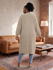 CurvyTilda Plus Size Drop Shoulder Ribbed Knit Duster Cardigan,Long Sleeve Tops For Women Curve Tall In Fall/Winter - Beige - View 4