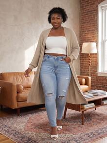 CurvyTilda Plus Size Drop Shoulder Ribbed Knit Duster Cardigan,Long Sleeve Tops For Women Curve Tall In Fall/Winter - Beige - View 3