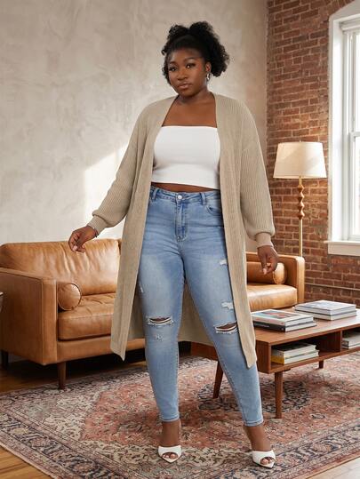 CurvyTilda Plus Size Drop Shoulder Ribbed Knit Duster Cardigan,Long Sleeve Tops For Women Curve Tall In Fall/Winter