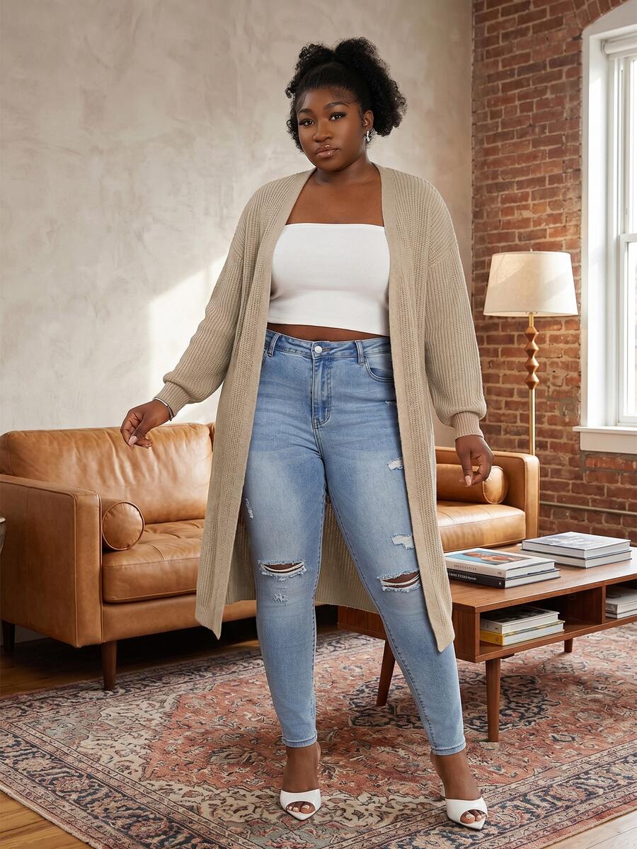 CurvyTilda Plus Size Drop Shoulder Ribbed Knit Duster Cardigan,Long Sleeve Tops For Women Curve Tall In Fall/Winter - Beige - View 1
