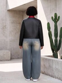 CurvyTilda Jaket Kasual Wanita Ukuran Besar Lengan Panjang dengan Resleting dan Warna Kontras, Musim Gugur - Merah - View 3