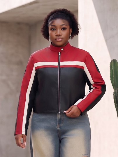 CurvyTilda جاكيت كاجوال بأكمام طويلة وسحاب للنساء بمقاسات كبيرة وألوان متباينة، خريف