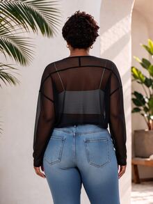 CurvyTilda Casual Normal Black Plus Size Lightweight Sheer Mesh Long Jacket Dolman Sleeves Suitable For Outings Office Daily Wear Gatherings Commuting Autumn - Black - View 4