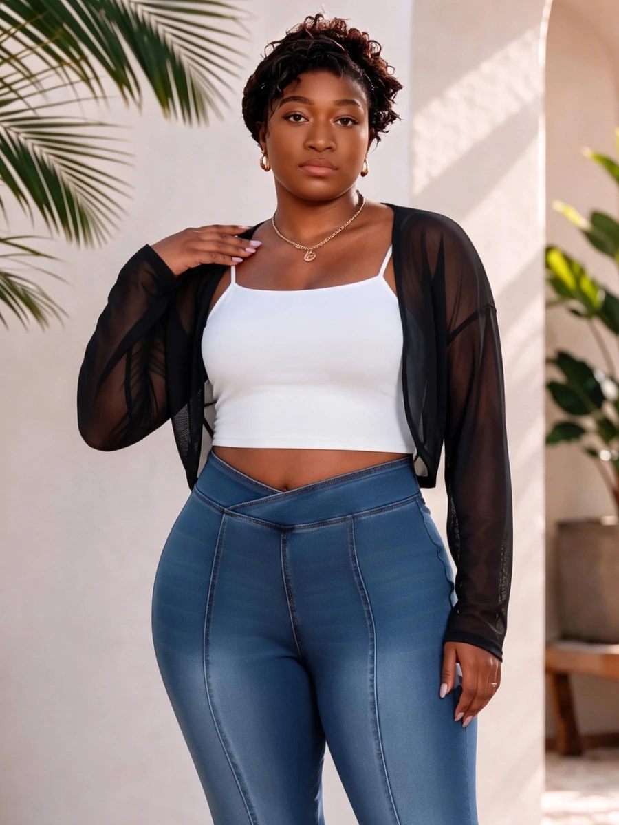 CurvyTilda Casual Normal Black Plus Size Lightweight Sheer Mesh Long Jacket Dolman Sleeves Suitable For Outings Office Daily Wear Gatherings Commuting Autumn