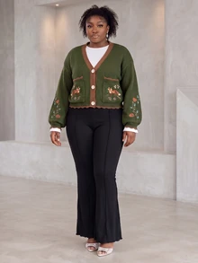 CurvyTilda Plus Size V-Neck Floral & Animal Embroidery Front Button Color Block Long Sleeve Cardigan, Winter - Army Green - View 4