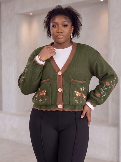 CurvyTilda Plus Size V-Neck Floral & Animal Embroidery Front Button Color Block Long Sleeve Cardigan, Winter
