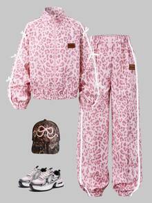 SHEIN Tween Girls Pink Leopard Zipper Jacket Y2K Streetwear Sleeve Jogger Pants Autumn Winter Tracksuit Se - Pink - View 1