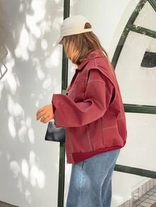 Jeta Ari 秋冬季宽松翻领纯色拉链休闲长袖PU皮夹克 - 紅色 - 查看 6