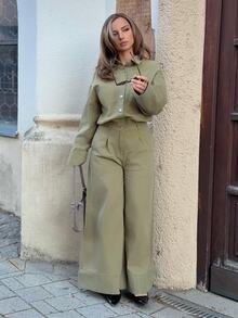 Jeta Ari 女式休闲复古阔腿牛仔连体裤 - 軍綠色 - 查看 1