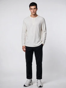 TekDrob 4-Way Stretch & Soft Touch Ribbed Henley T-Shirt With Long Sleeves And Keep Warm Effect - White - View 5