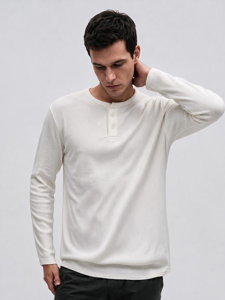 TekDrob Camiseta Henley de manga larga con tejido acanalado, tacto suave y elasticidad en 4 direcciones, con efecto de mantener el calor - Blanco - Añade 4