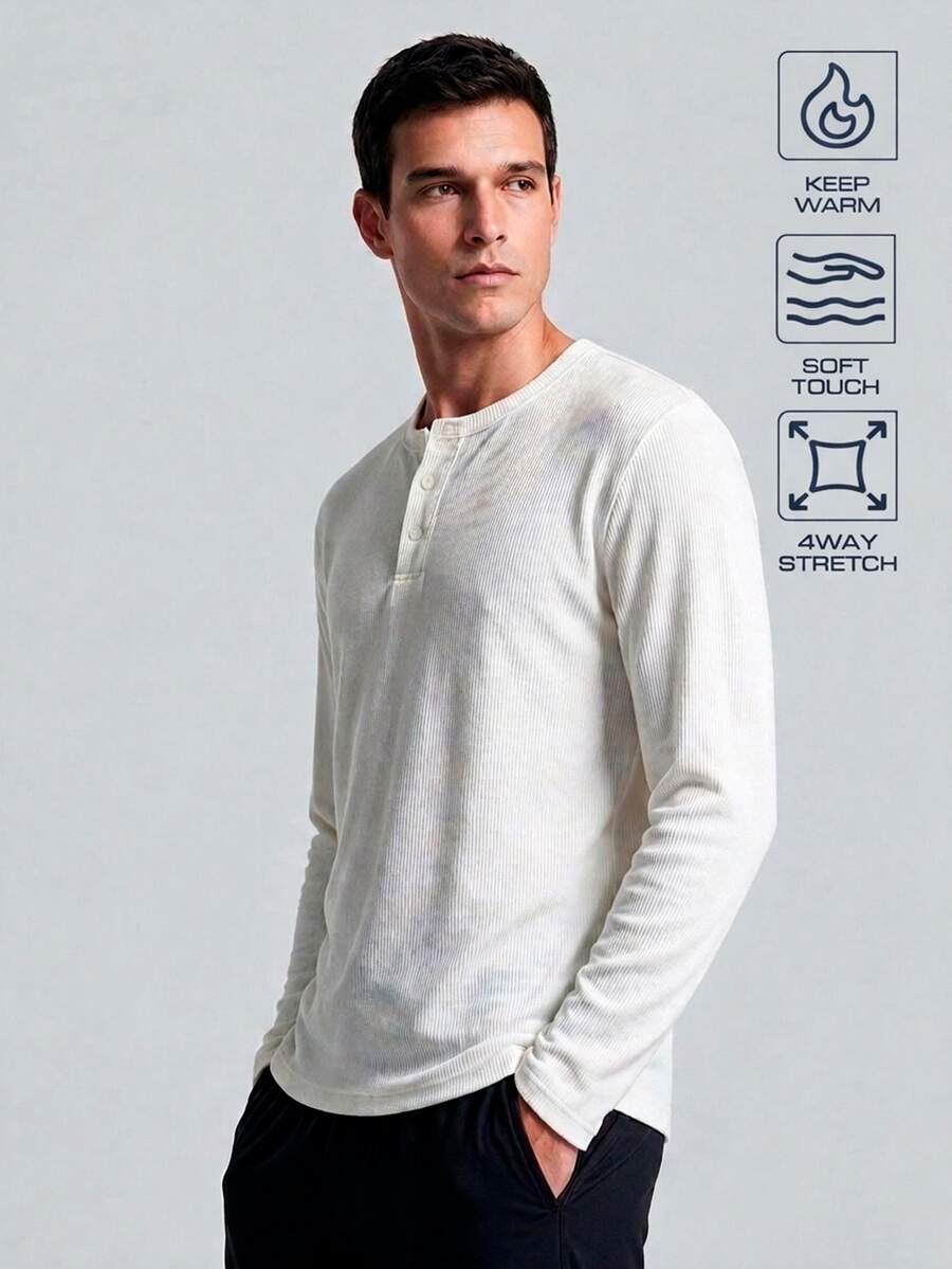 TekDrob 4-Way Stretch & Soft Touch Ribbed Henley T-Shirt With Long Sleeves And Keep Warm Effect - White - View 1