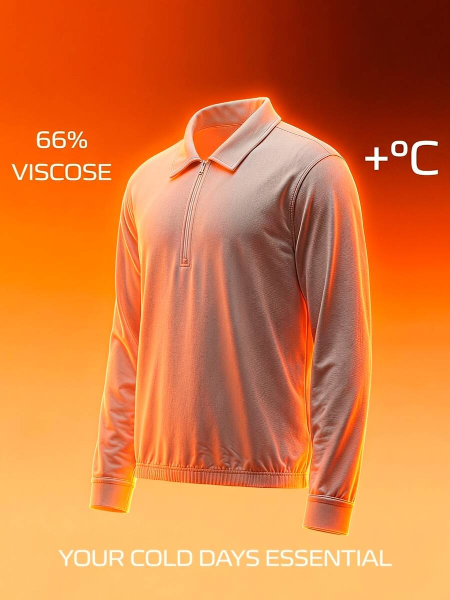 TekDrob Suéter polo de viscosa ligera con cremallera, manga larga y efecto de mantener el calor - Gris Claro - Ver 1