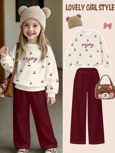 2pcs/Set Cute Cherry Print Long Sleeve Crew Neck Loose Sweatshirt And Wide Leg Pants, Casual Outfit For Girls, Autumn/Winter