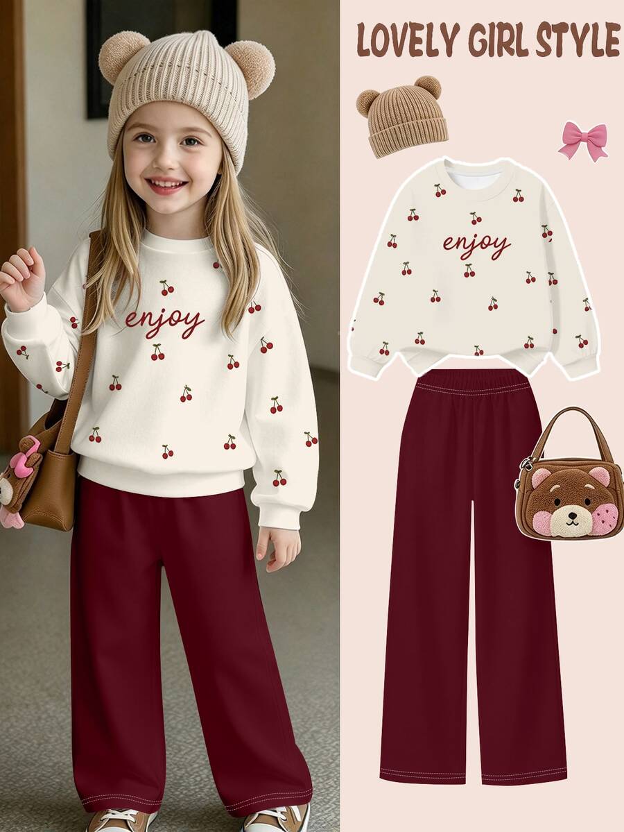 2pcs/Set Cute Cherry Print Long Sleeve Crew Neck Loose Sweatshirt And Wide Leg Pants, Casual Outfit For Girls, Autumn/Winter - Multicolor - View 1