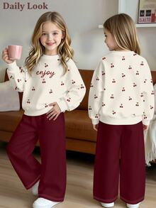 2pcs/Set Cute Cherry Print Long Sleeve Crew Neck Loose Sweatshirt And Wide Leg Pants, Casual Outfit For Girls, Autumn/Winter - Multicolor - View 3