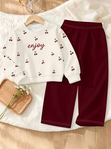 2pcs/Set Cute Cherry Print Long Sleeve Crew Neck Loose Sweatshirt And Wide Leg Pants, Casual Outfit For Girls, Autumn/Winter - Multicolor - View 4