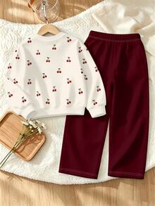 2pcs/Set Cute Cherry Print Long Sleeve Crew Neck Loose Sweatshirt And Wide Leg Pants, Casual Outfit For Girls, Autumn/Winter - Multicolor - View 2