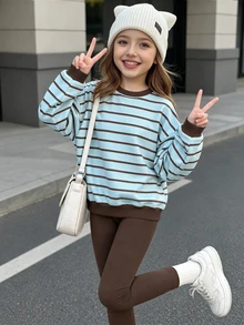 女童秋季休閒時尚薄荷藍與咖啡棕條紋圓領衛衣與內搭褲套裝 - 彩色 - 查看 5